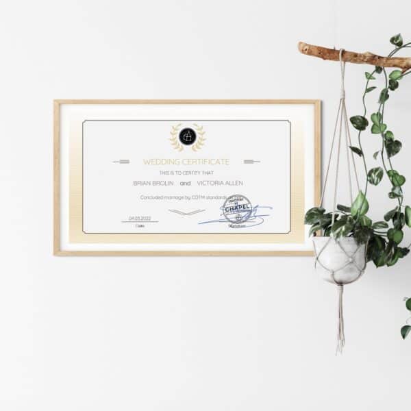 wedding certificate on wall nft cotm chapel of the metaverse