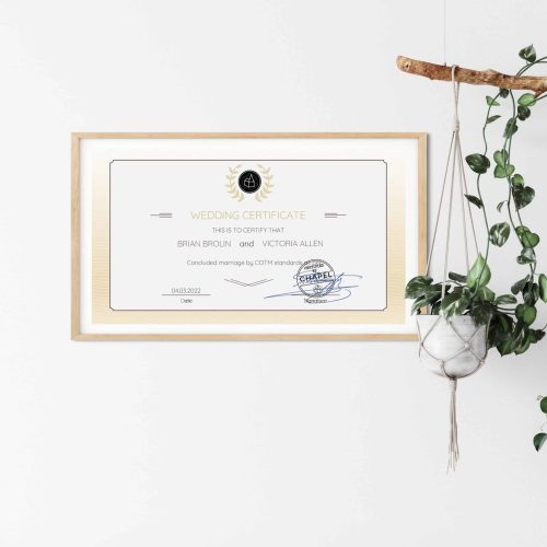 wedding certificate on wall nft cotm chapel of the metaverse